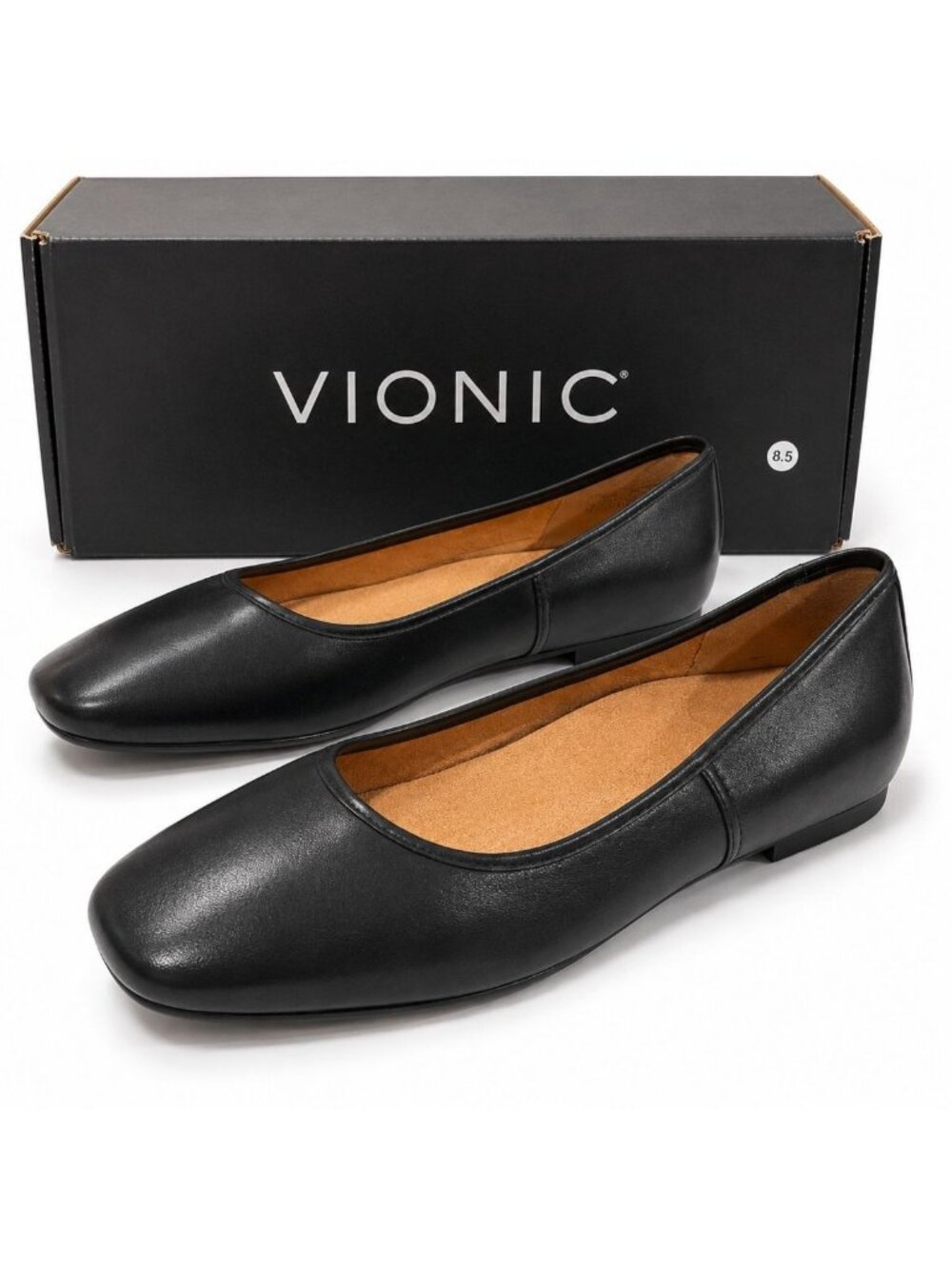 Vionic Orinda Black Calf Leather Square Toe Ballet Flats Women 9 Orthotic